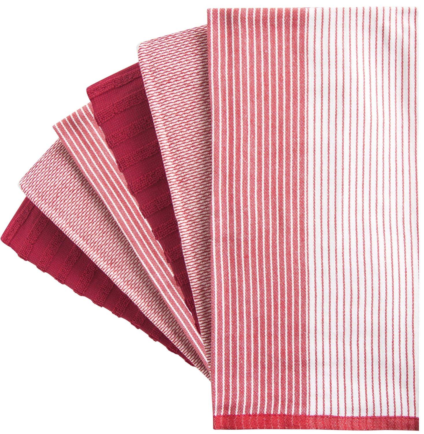 Premium Kitchen Towels (20”x 28”, 6 Pack) – Large Cotton Kitchen Hand Towels – Flat & Terry Towel – Highly Absorbent Tea Towels Set with Hanging Loop (Wide Stripe Red)
