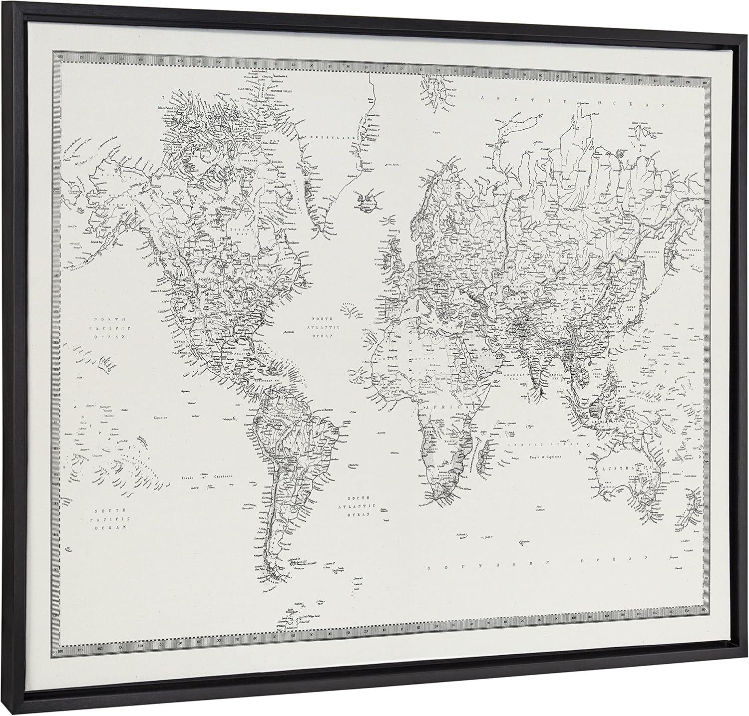 Kate and Laurel Sylvie Vintage Black and White World Map Framed Canvas by The Creative Bunch Studio