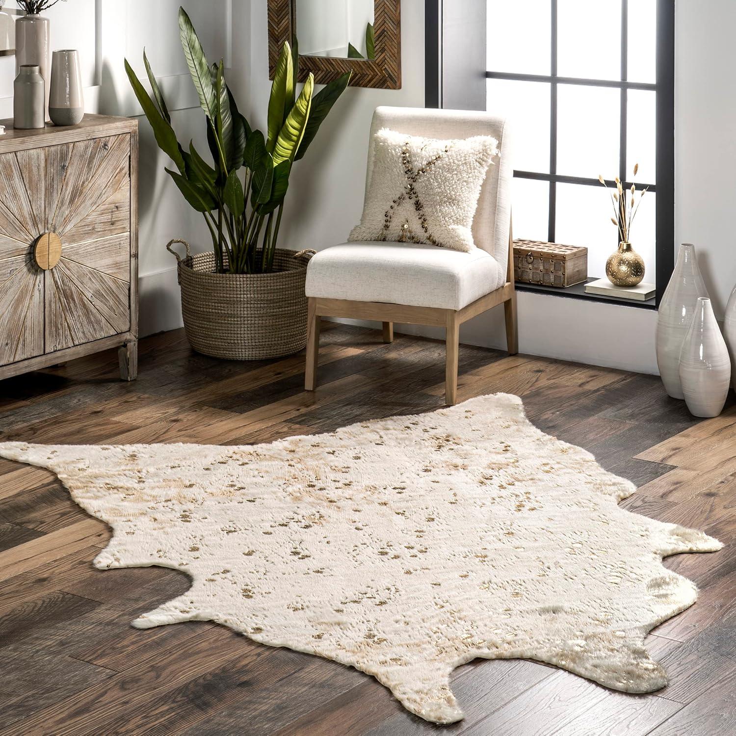 Handmade Off-White Faux Cowhide Easy Care Area Rug 5'9" x 7'7"