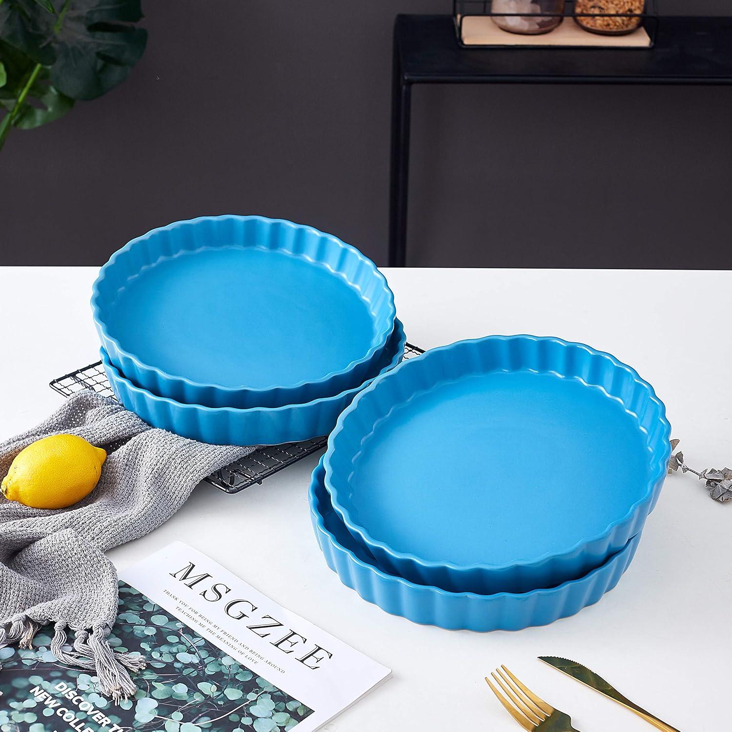 Bruntmor Ceramic Pie Pans Set of 4, Baking Dishes/Quiche Dish/Apple Pie/Tart. Oven Safe Nonstick Porcelain Round Baking Plate/Pot/Tart Pan. 10"/ Blue