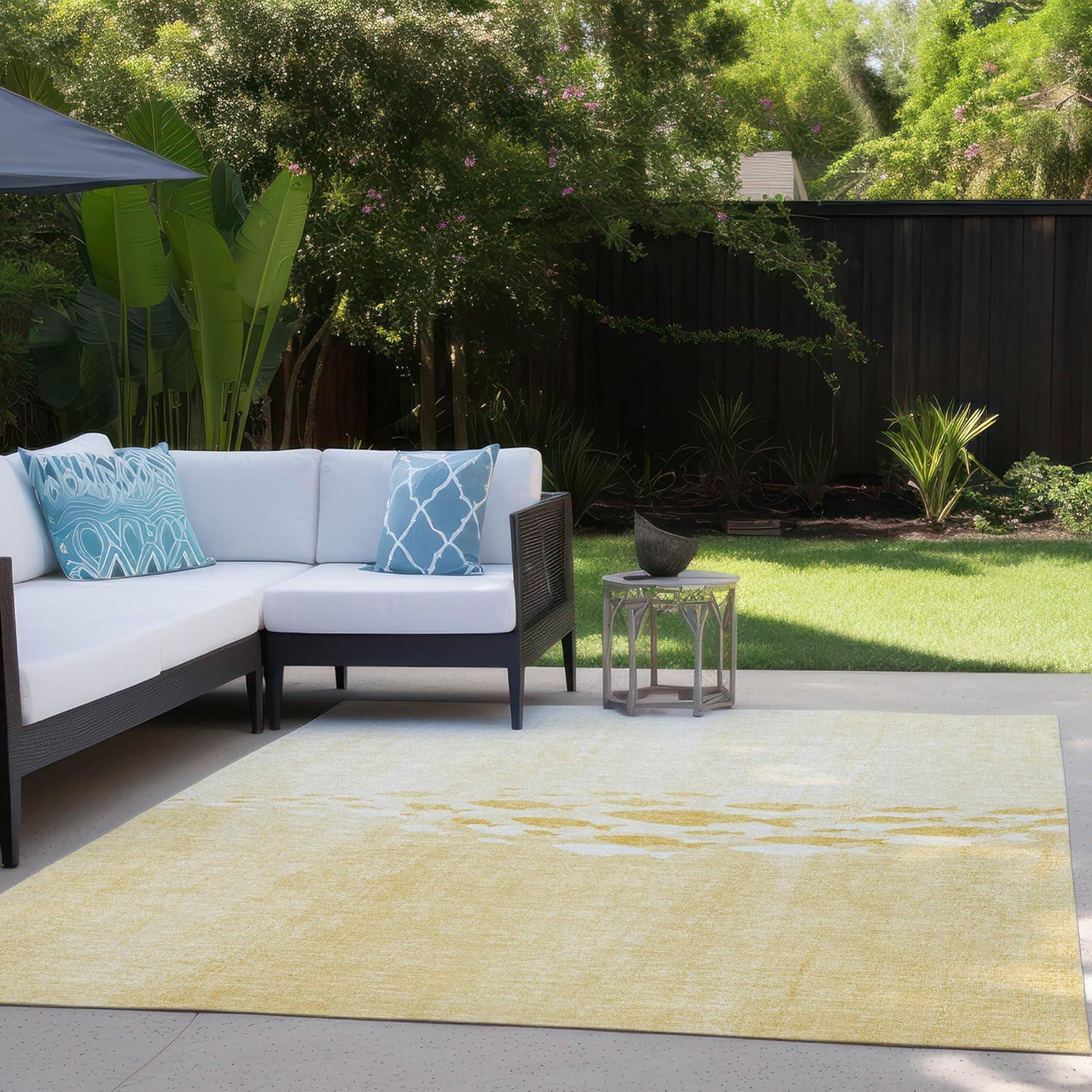 Gold and Beige Rectangular Washable Synthetic Rug