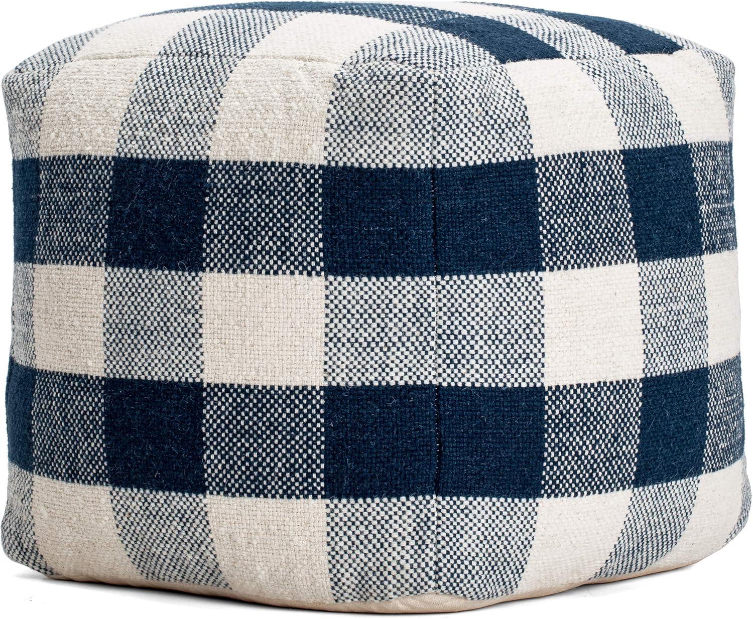 Midnight Blue and Ivory Square Wool-Cotton Blend Pouf