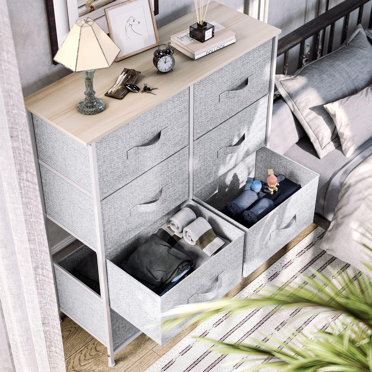 Gray 8-Drawer Fabric Storage Dresser with Wooden Top