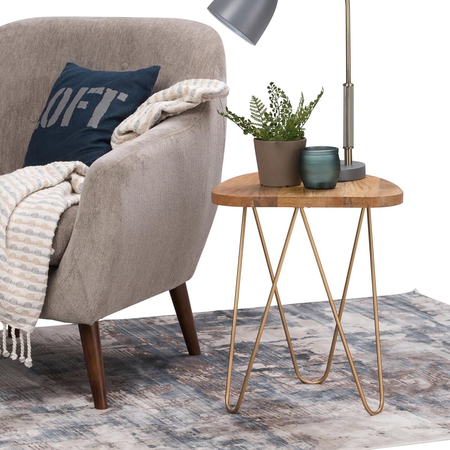 Simpli Home Patrice Solid Mango Wood Mid-Century Modern End Table with Unique Shaped Top and Hairpin Legs