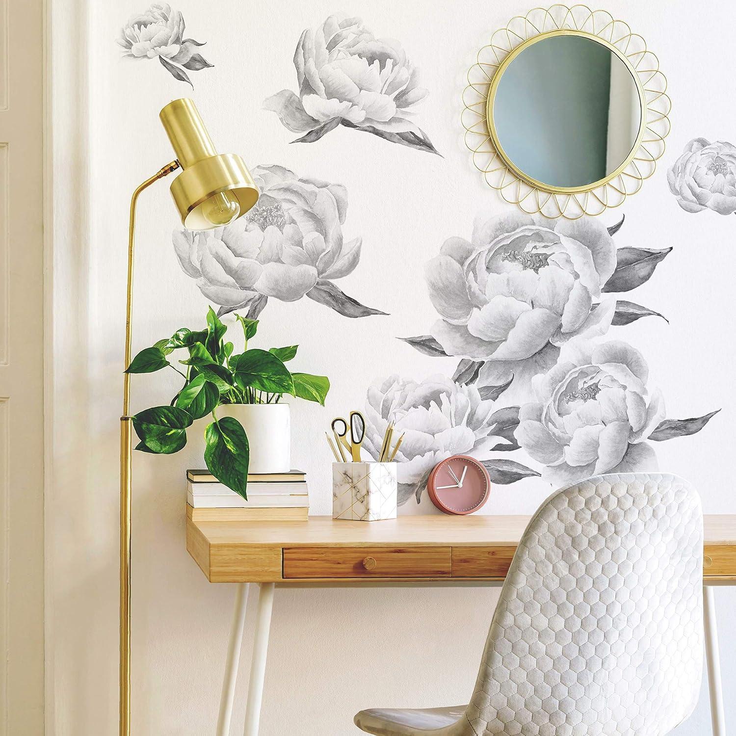 Black and White Peonies Vinyl Wall Decal Set, 15 Pieces