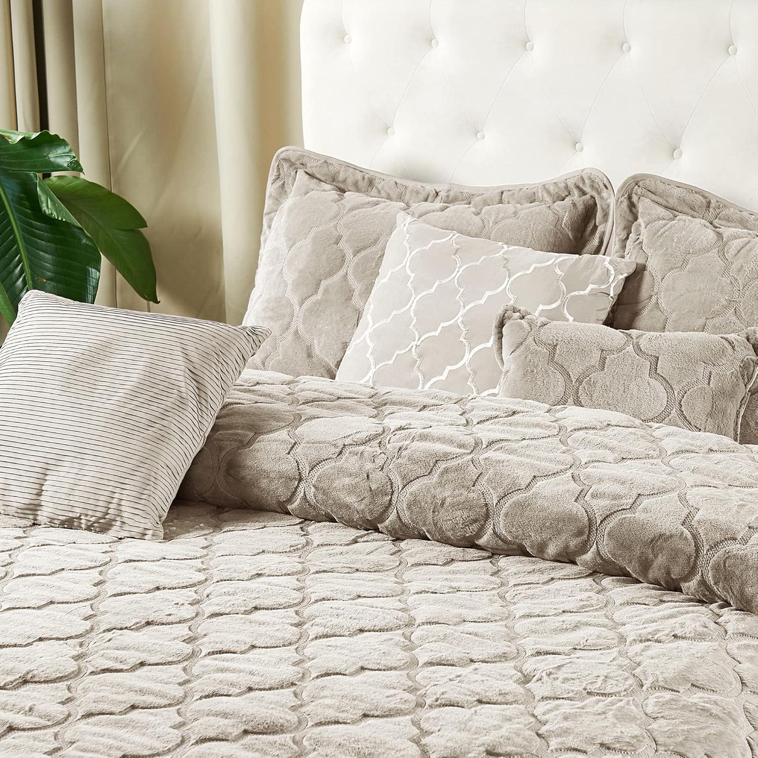 Serenta Faux Fur Ogee Embroidery 7 Piece Bedspread Quilts Set, King, Taupe