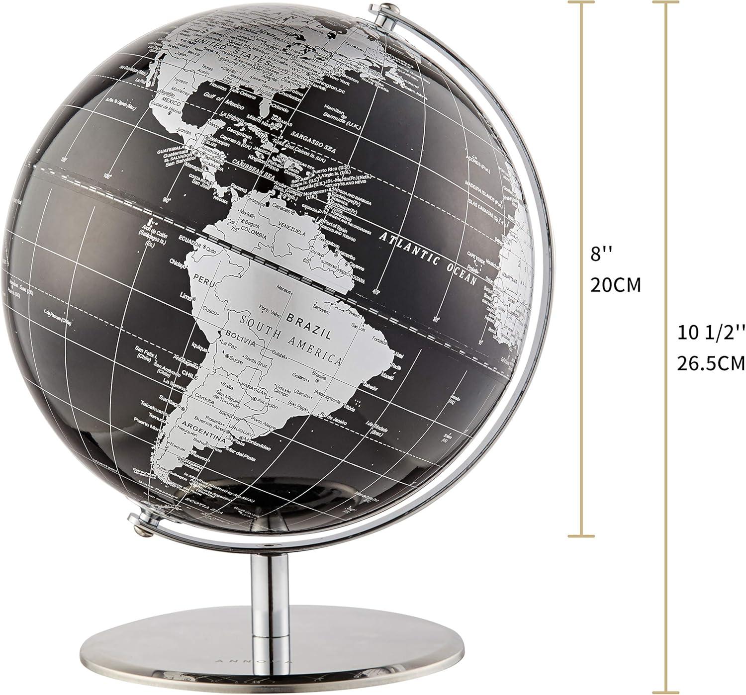 ANNOVA Metallic World Globe Black – Educational/Geographic/Modern Desktop Decoration - Stainless Steel Arc and Base/Earth World - Metallic Black - for School, Home, and Office (8-Inch)