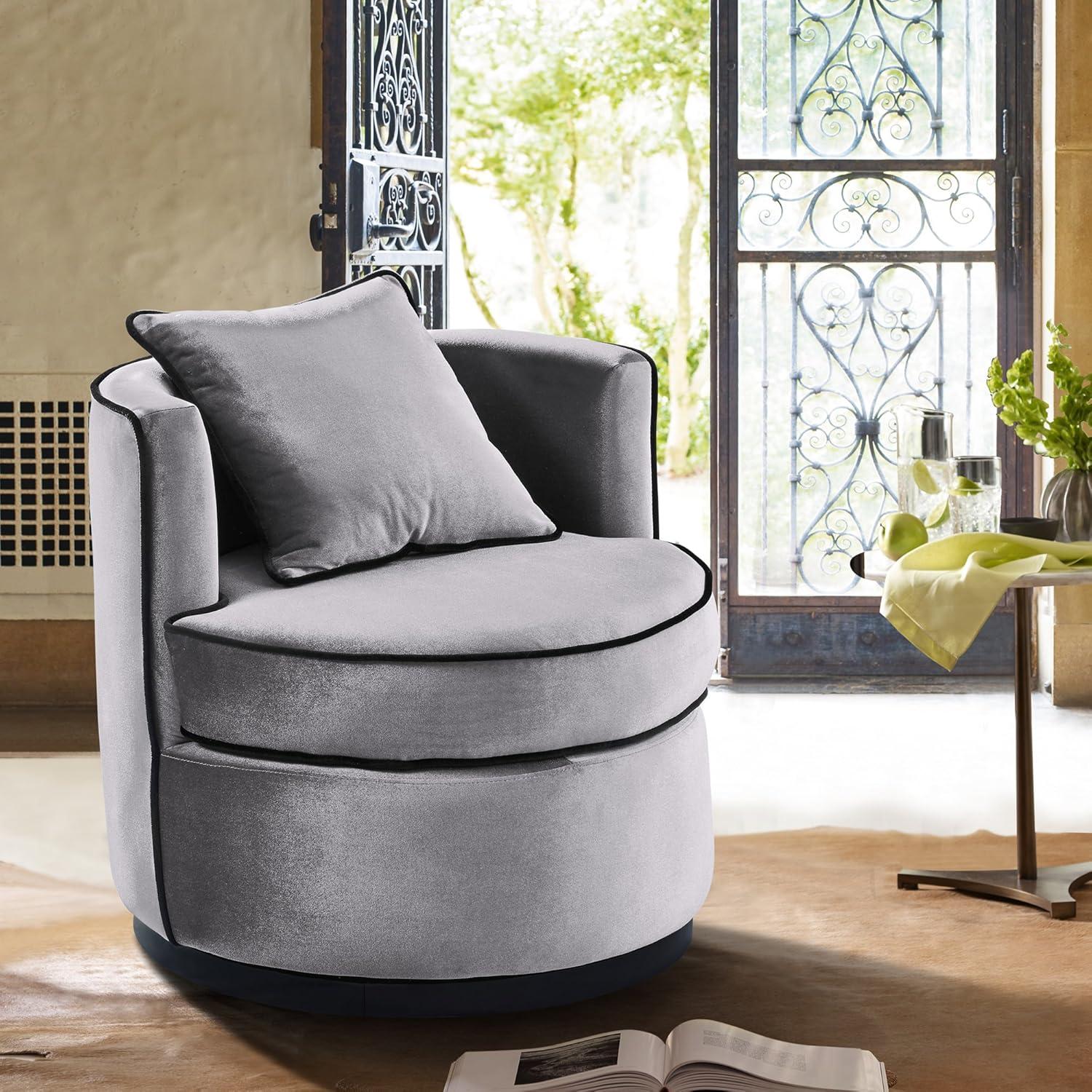 Contemporary Grey Velvet Swivel Barrel Chair with Black Piping