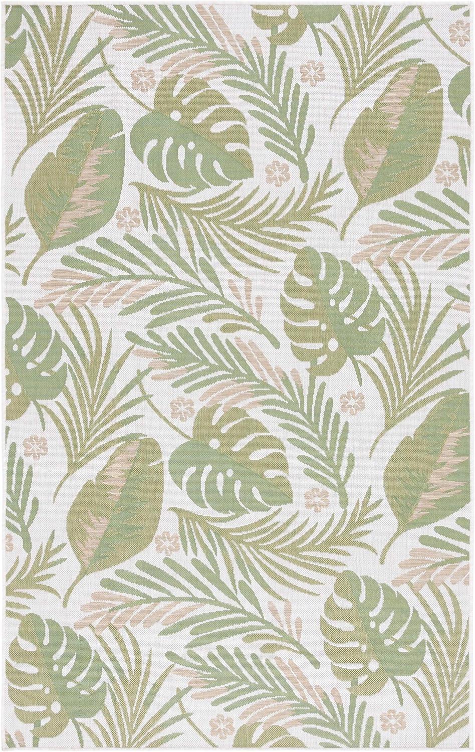 Ivory and Green Botanical Indoor/Outdoor Area Rug