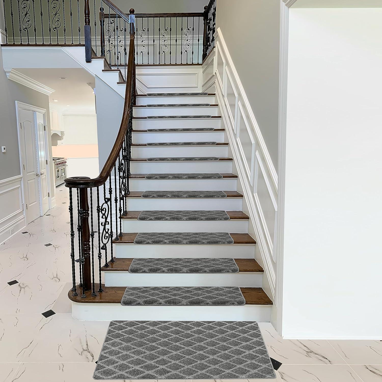 PURE ERA Bullnose Carpet Stair Treads Protectors for Wooden Steps 9.5" x 30"x1.2" Pet Friendly Tape Free Non-Slip (Set of 14 Pieces,Gray Diamond Trellis)