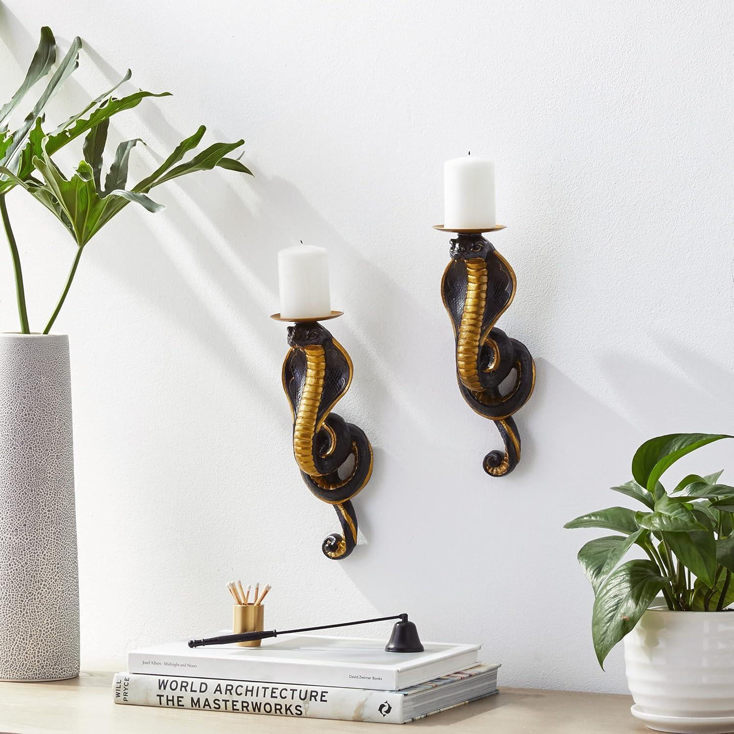 Antiqued Gold Renenutet Cobra Goddess Resin Wall Sconces, Set of Two