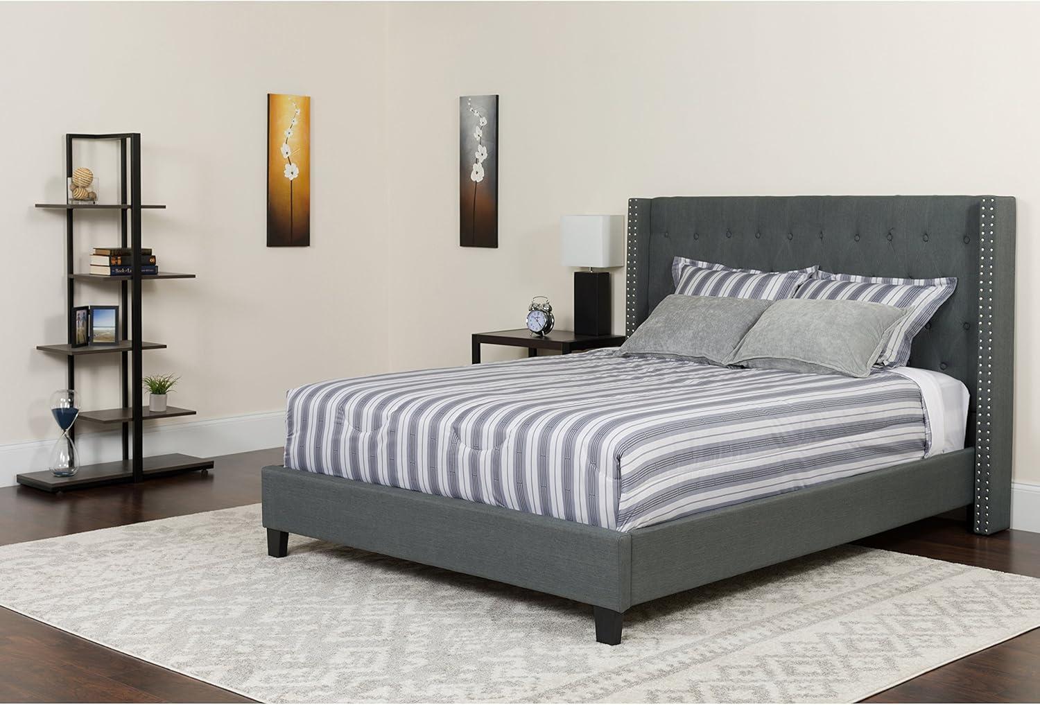 Riverdale Light Gray Tufted King Platform Bed with Nailhead Trim