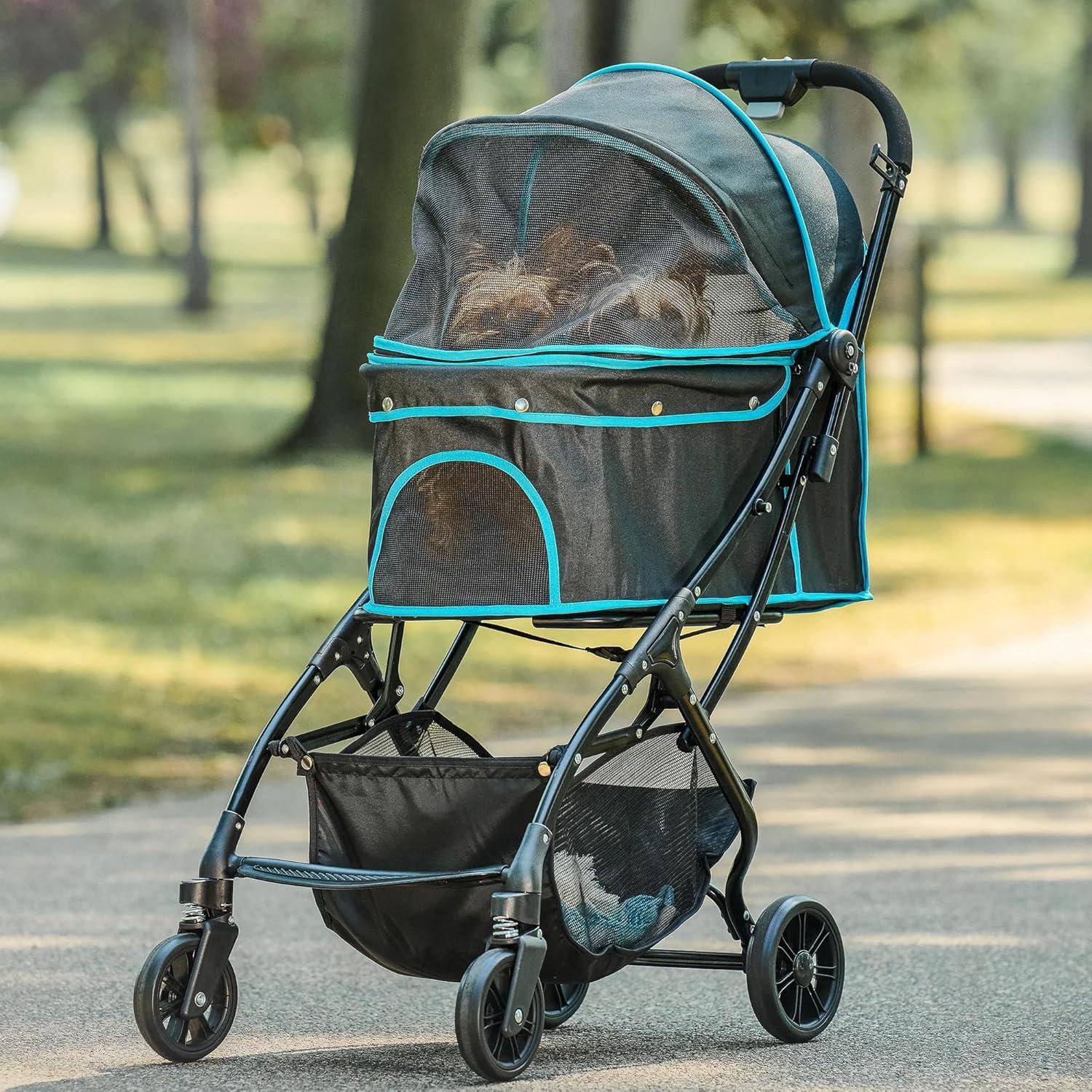 Carlson Pet Stroller, Includes 360 Degree Front Wheel Swivel, Rear Wheel Breaks, Reflective Trim, Mesh Panels, Umbrella, Mesh Canopy, Folds Easily to a Fraction of its Size, Black, Pets up to 30 lbs