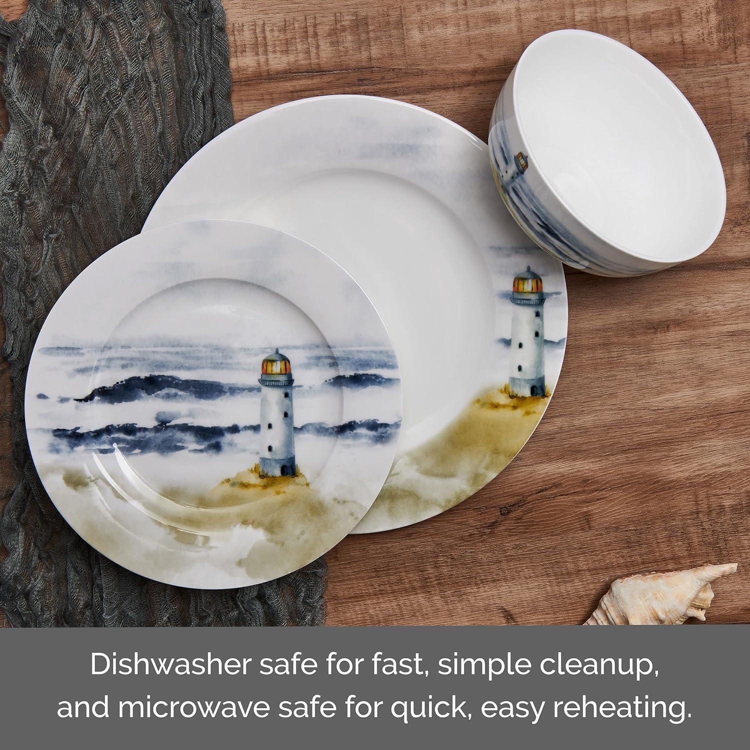 Seaside Coastal Multicolor Porcelain 12-Piece Dinnerware Set, Service for 4