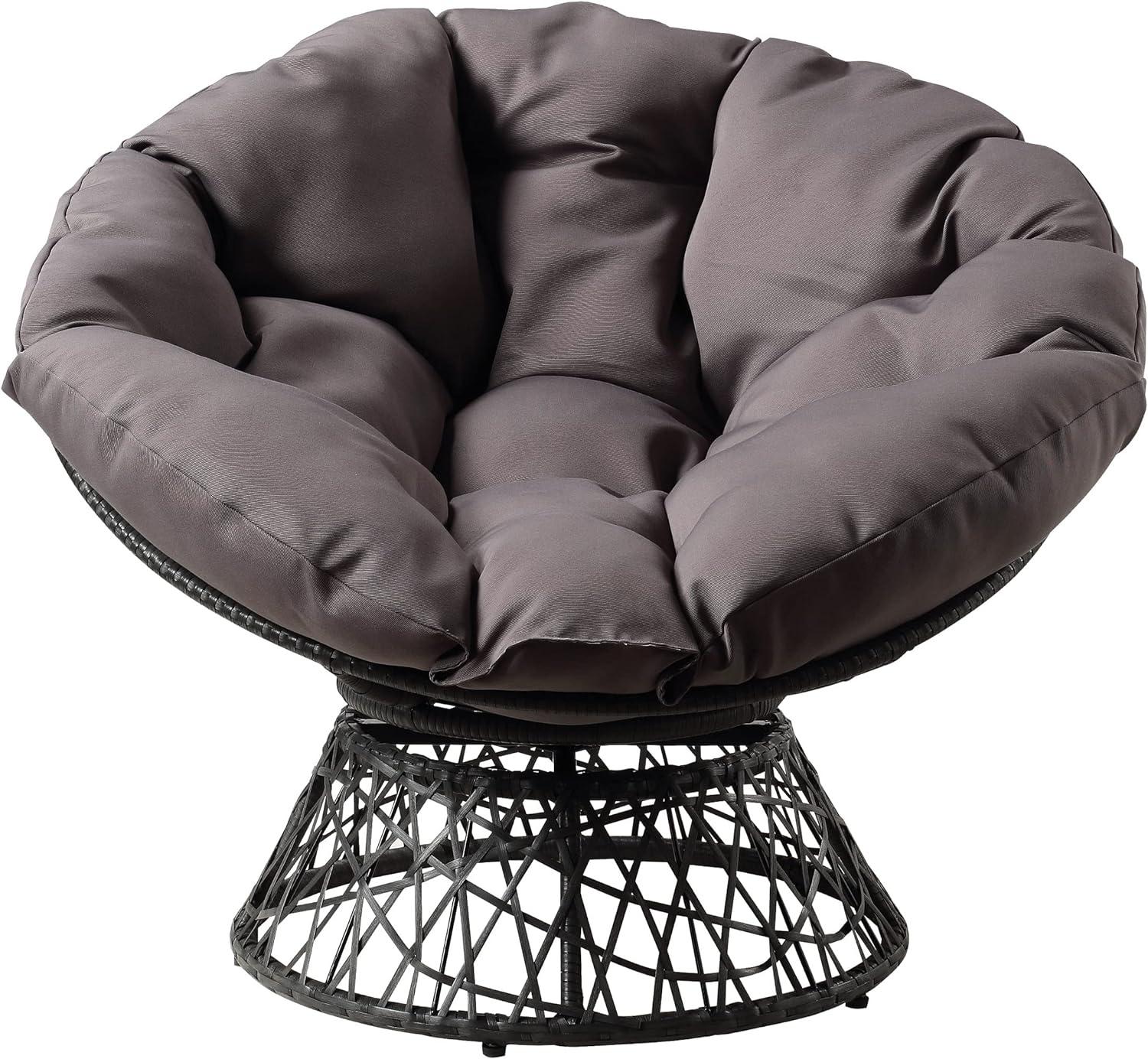 Wicker Papasan Chair with 360-Degree Swivel, Grey Frame with Grey Cushion