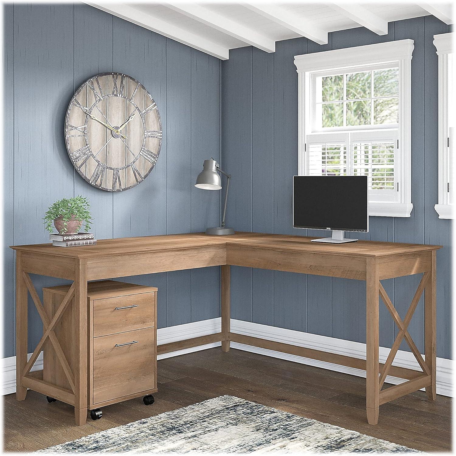 Key West L Desk with Mobile File Cabinet in Reclaimed Pine - Engineered Wood