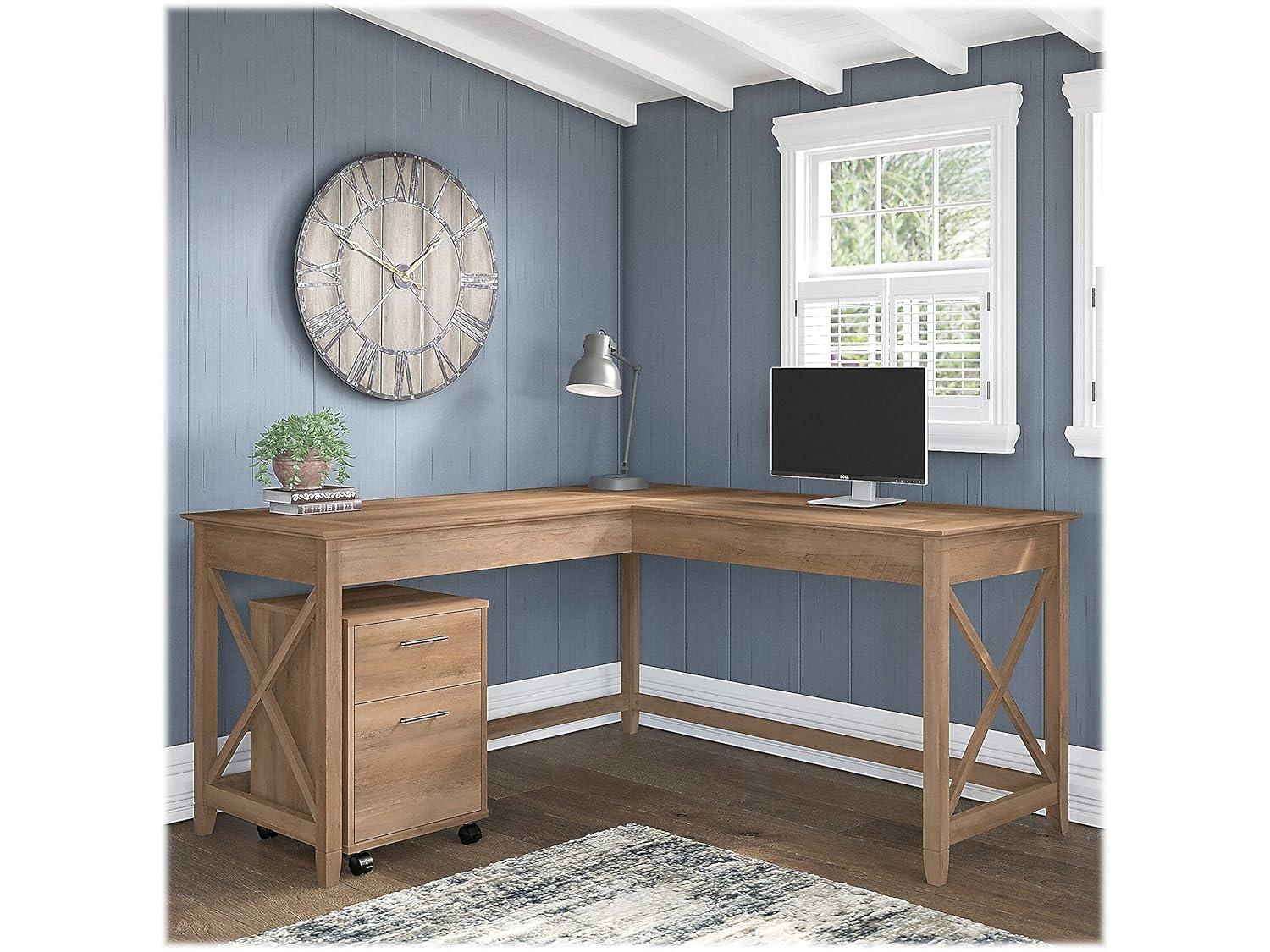 Key West L Desk with Mobile File Cabinet in Reclaimed Pine - Engineered Wood