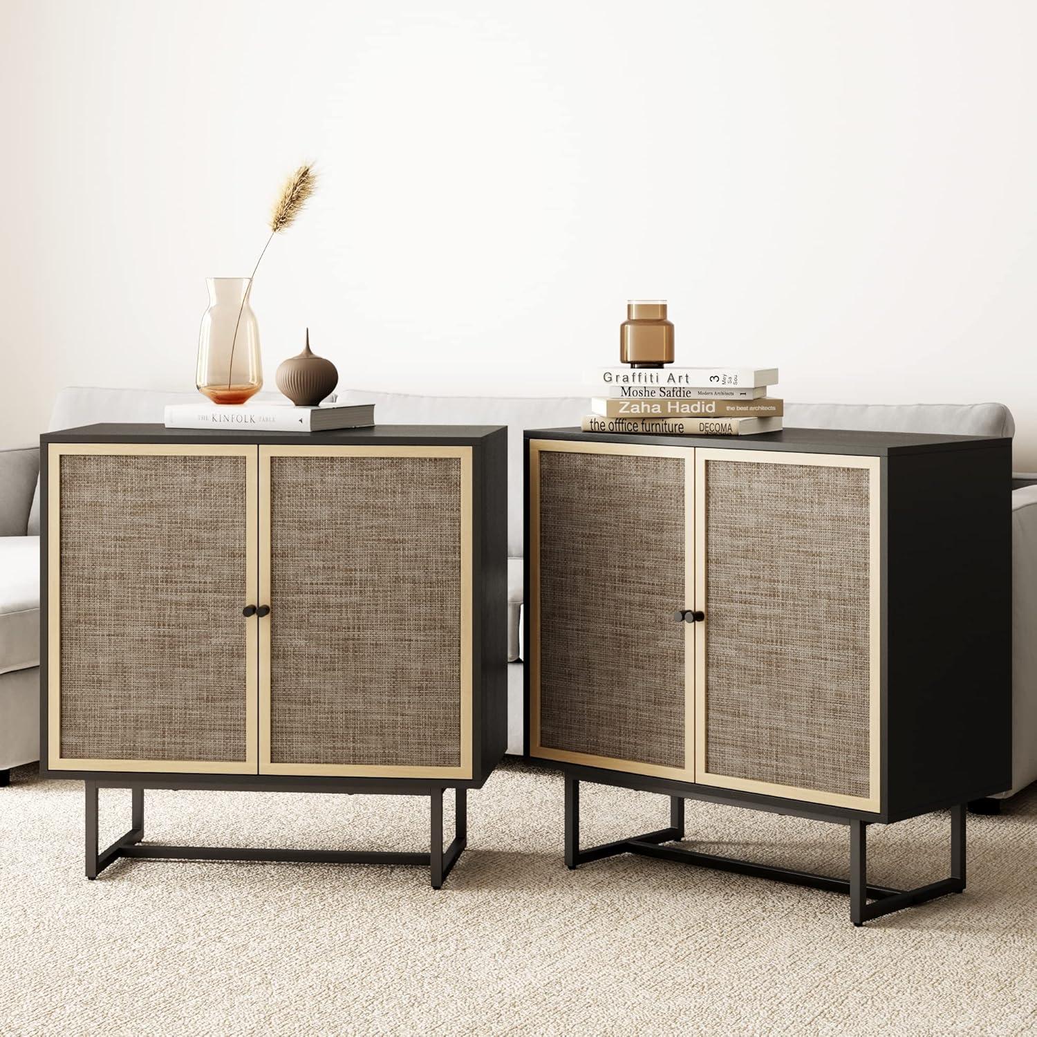 Black Oak and Cane Rectangular Sideboard with Adjustable Shelving