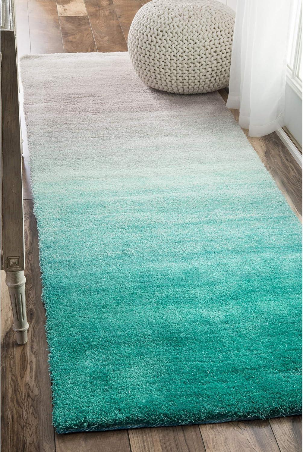 Turquoise and Grey Handmade Tufted Shag Rug, 2'6" x 8'