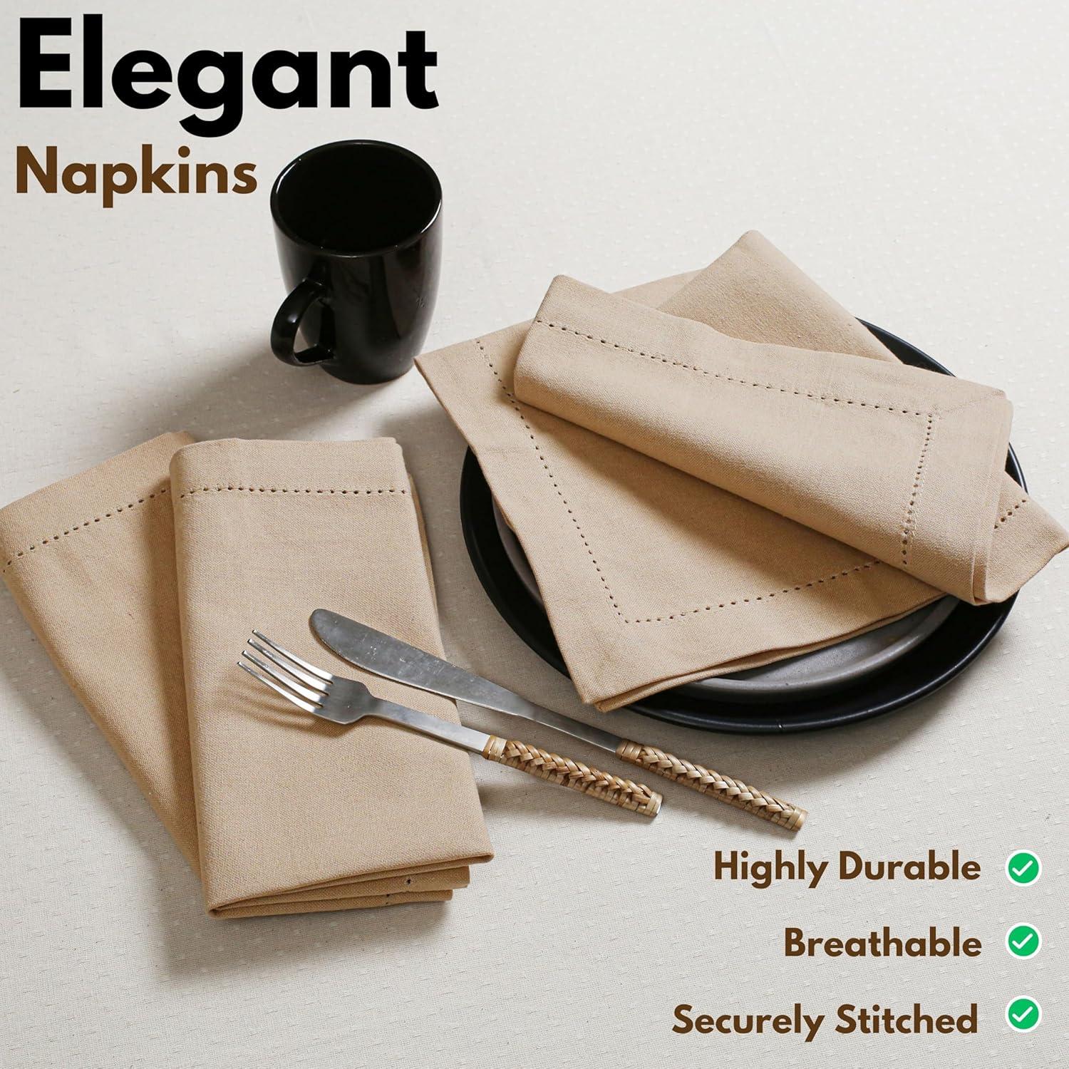 Native Fab 12 Pack Cotton Hemstitch Table Dinner Cloth Napkins 18x18 - Beige