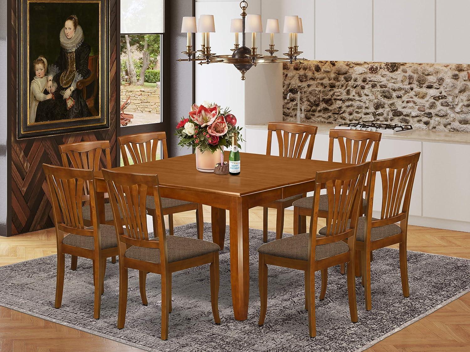 East West Furniture Parfait 9-piece Dining Set with Linen Seat in Saddle Brown