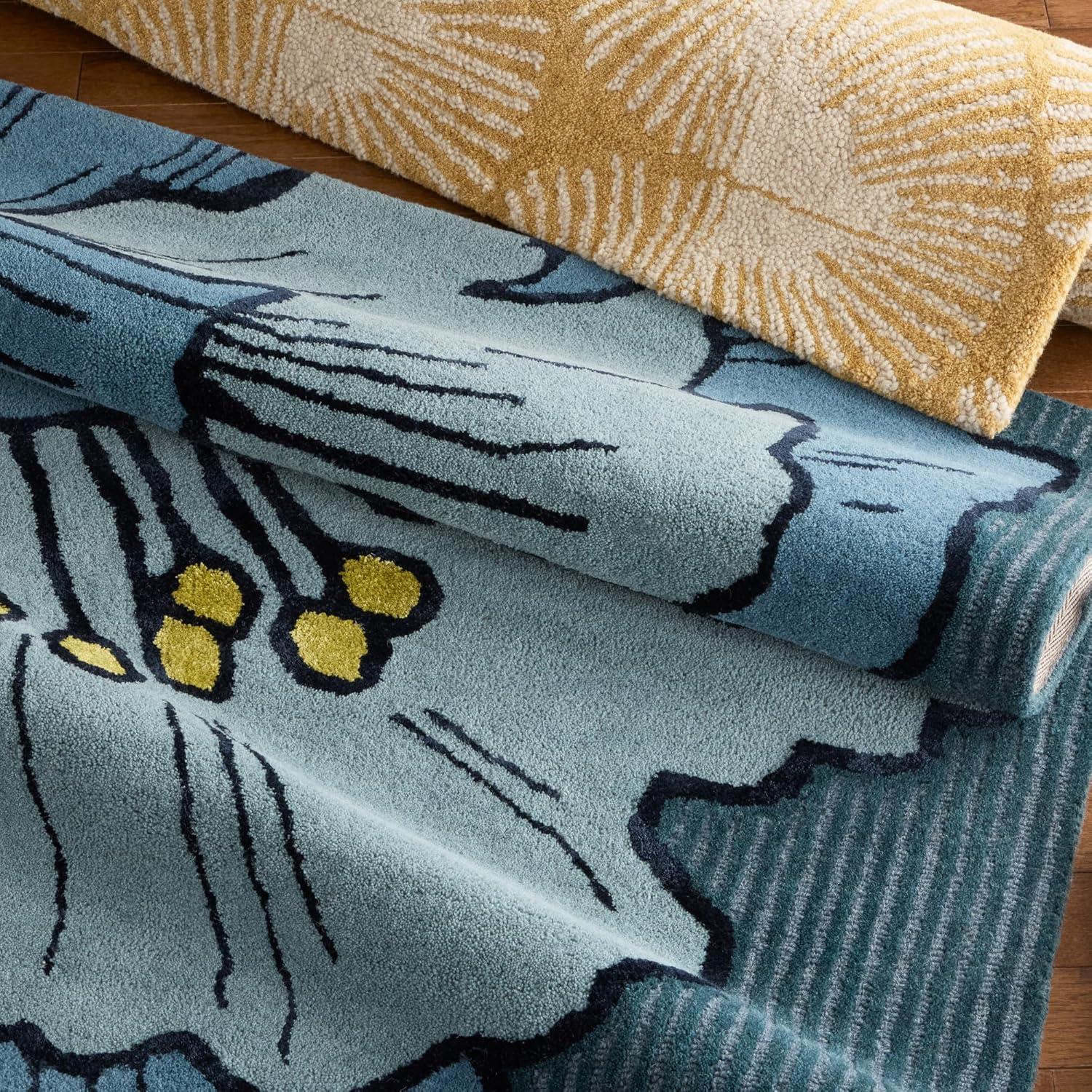 NICOLE MILLER NEW YORK Flora Grandeur Bloom Handcrafted Area Rug, Natural Wool Rug, Bold Floral Rug, Blue, 6'x9'