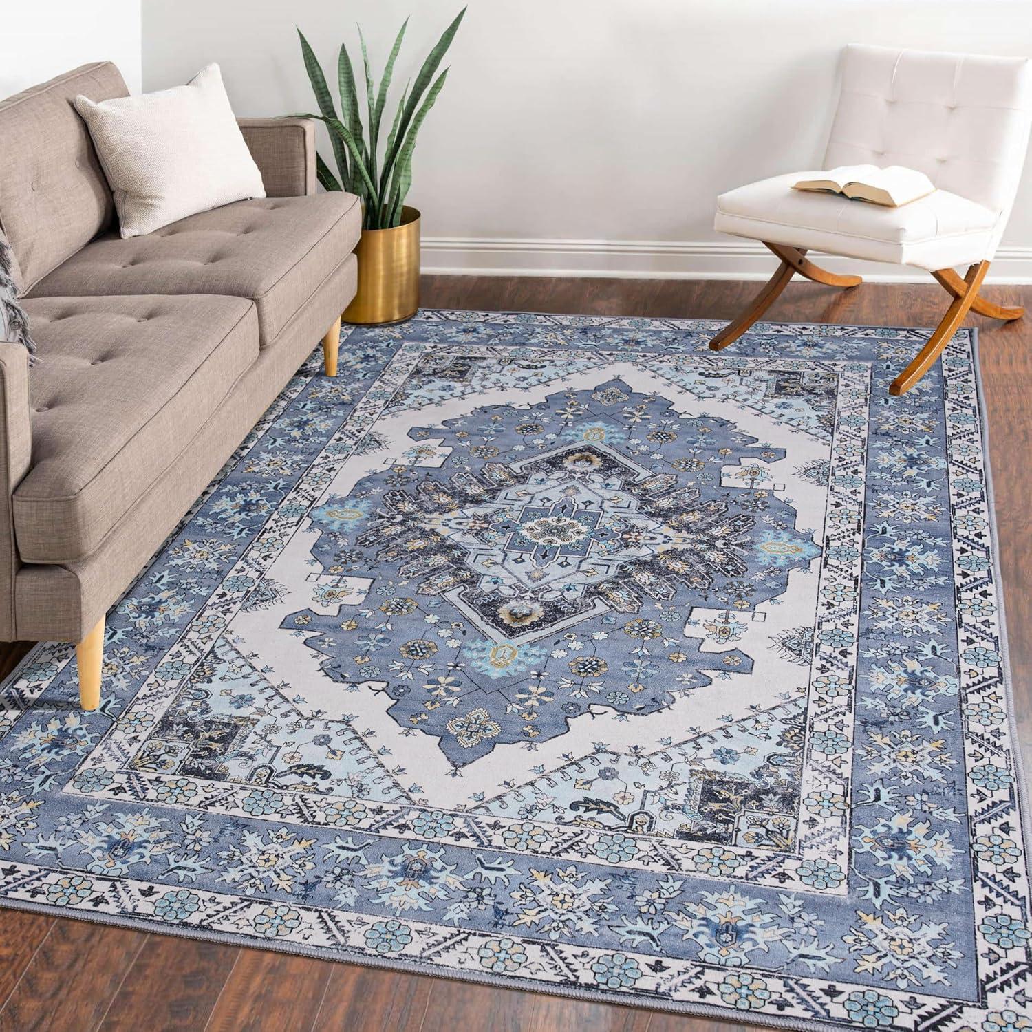 Hasoo 3' x 5' Area Rug Medallion Print Distressed Entryway Rug Persian Soft Foldable Accent Rug for Bedroom Living Room, Blue