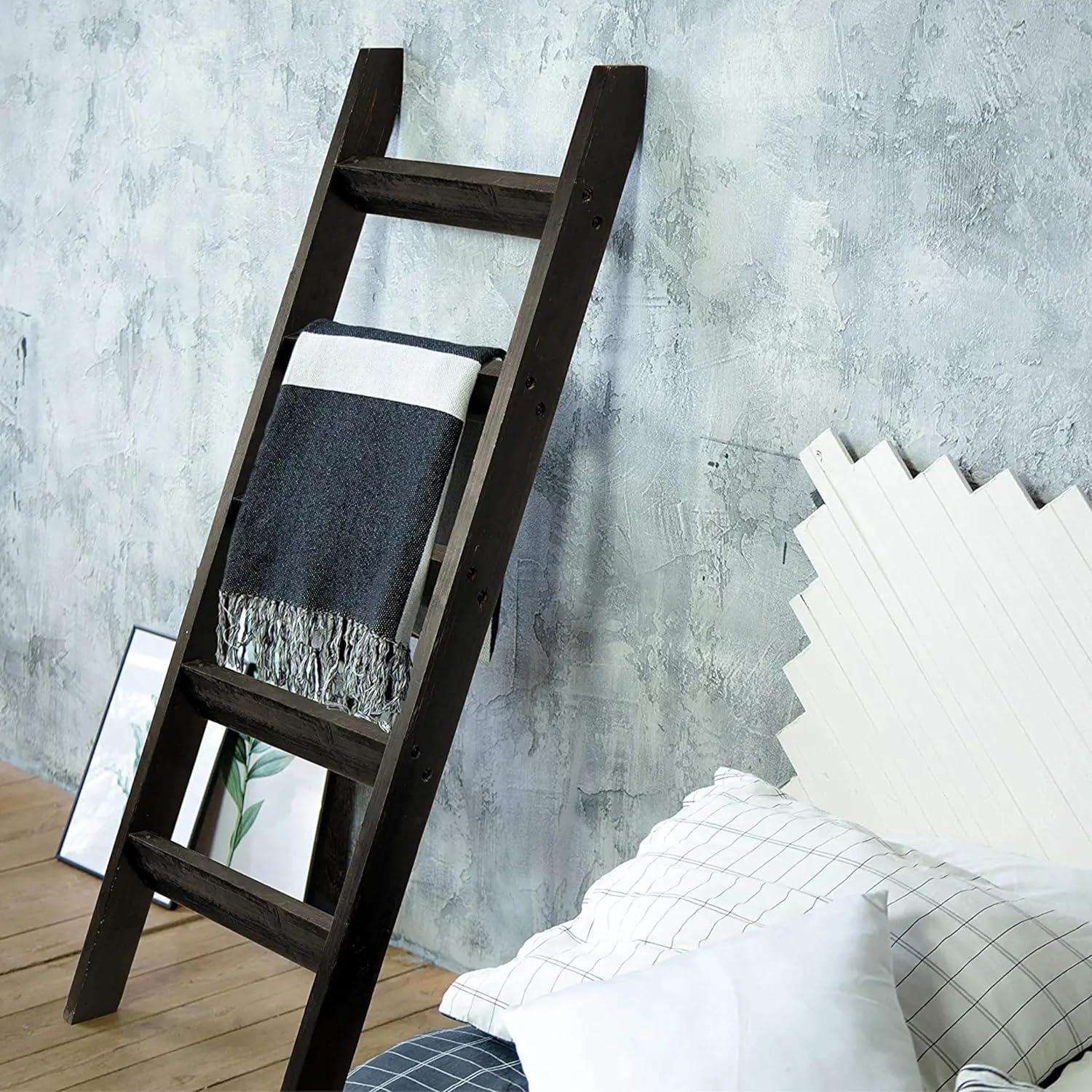 Hallops 5 ft Rustic Farmhouse Blanket Ladder- 1 Shelf, Black