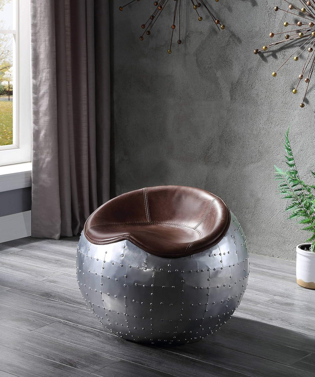 Retro Brown Top Grain Leather and Aluminum Round Ottoman