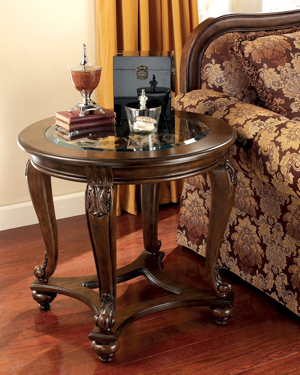 Signature Design by Ashley Norcastle End Table Dark Brown : Beveled Glass, Metal Accents, Wood Legs