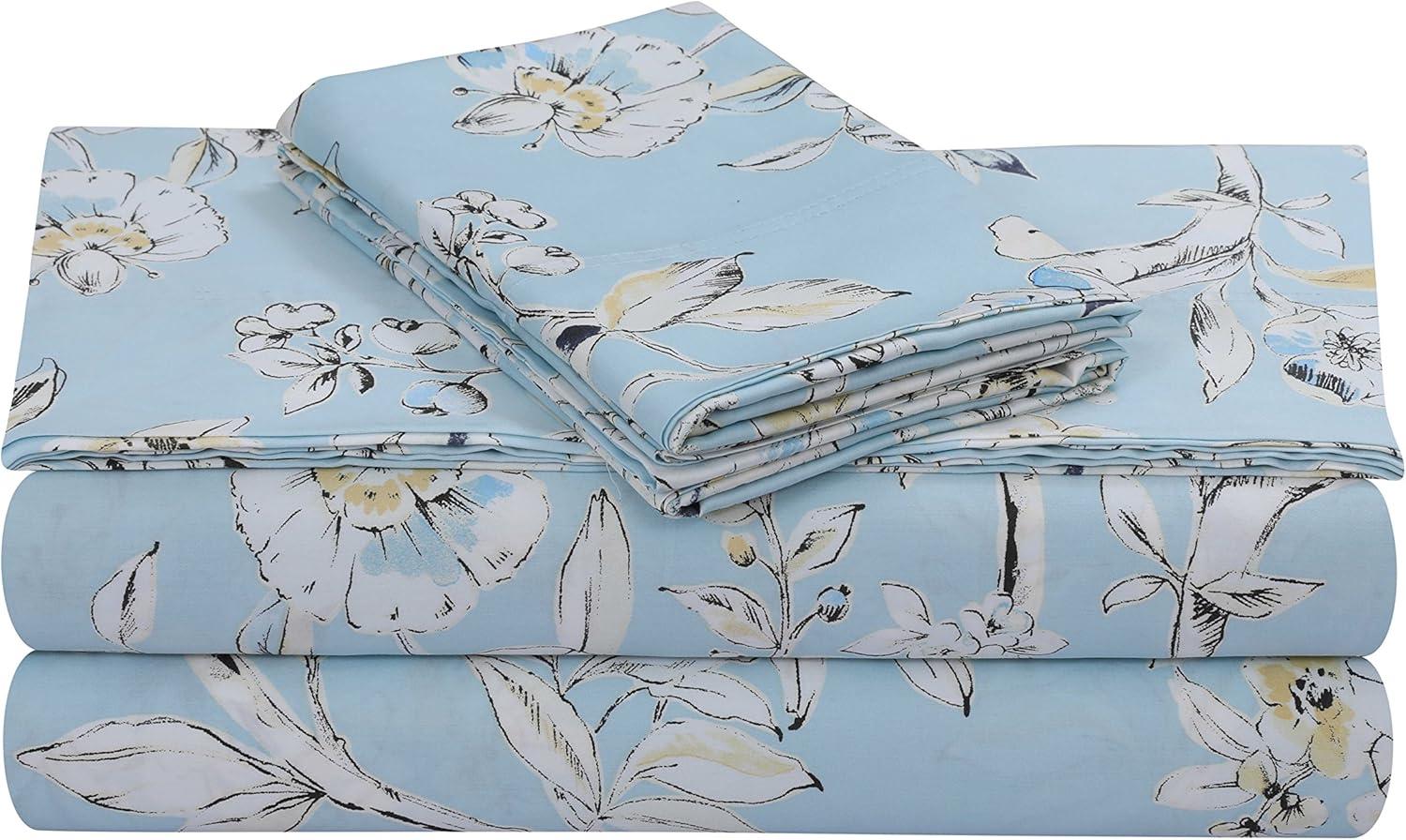 Sky Blue Floral Cotton Twin Sheet Set with Deep Pockets