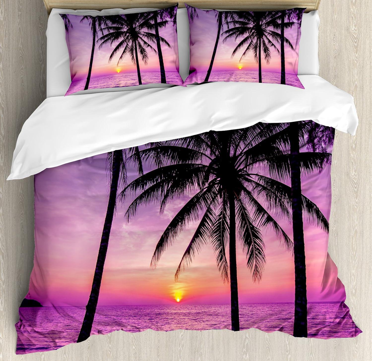 King Purple and Black Palm Tree Sunset Duvet Cover Set