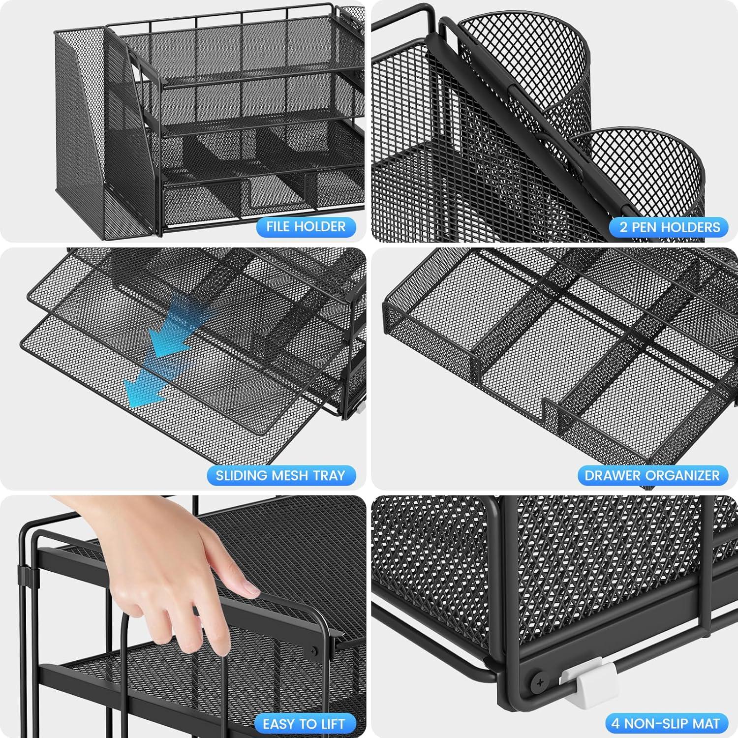 Desk Organizer and Accessories, 4-Tier Desktop File Organizer with Drawer and 2 Pen Holders, Office Desk Accessories for Office Supplies(Black)