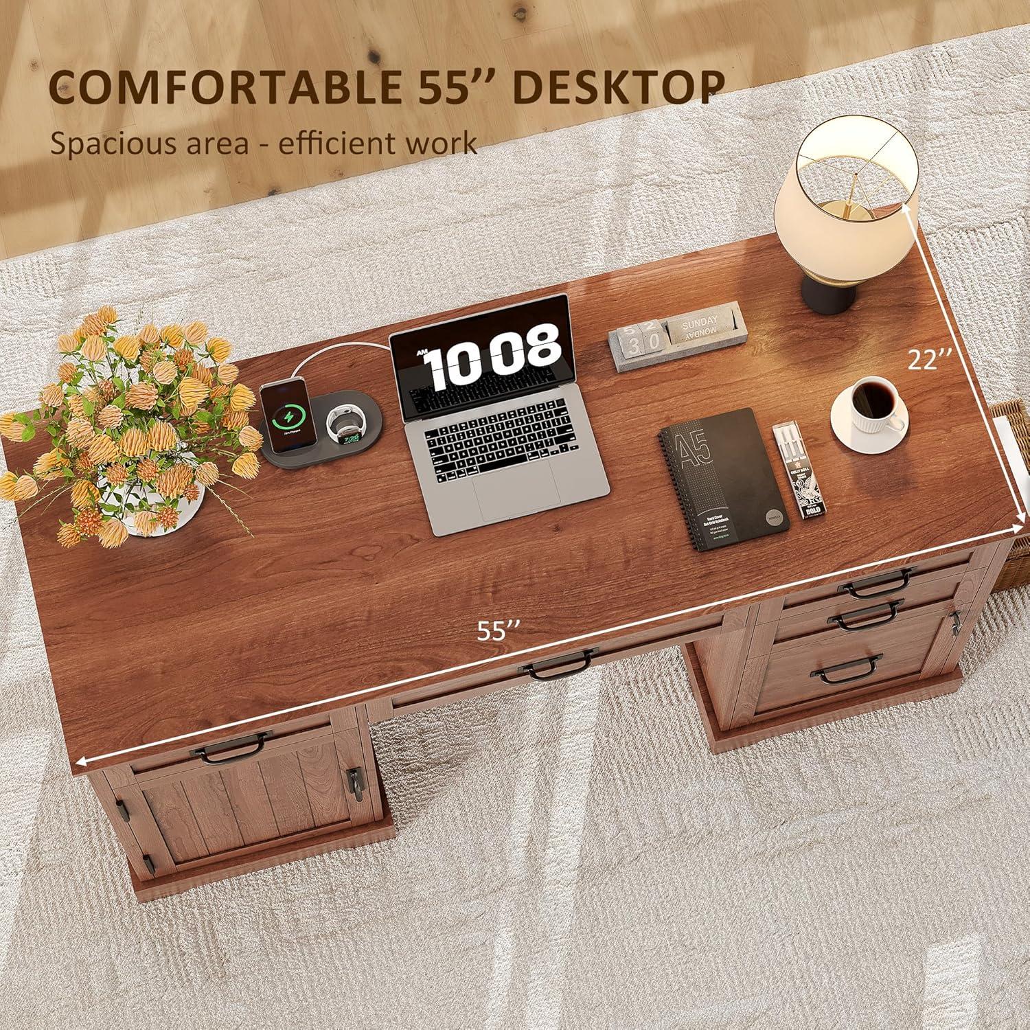 August Grove® Clabe 55'' Farmhouse Executive Desk with Drawers, File Cabinet and Power Outlets