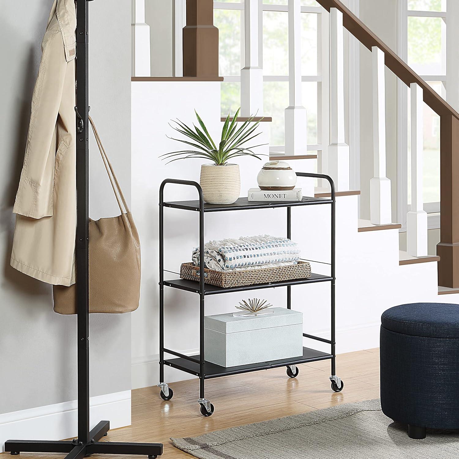 Black Metal Rolling Utility Craft Cart with Three Shelves