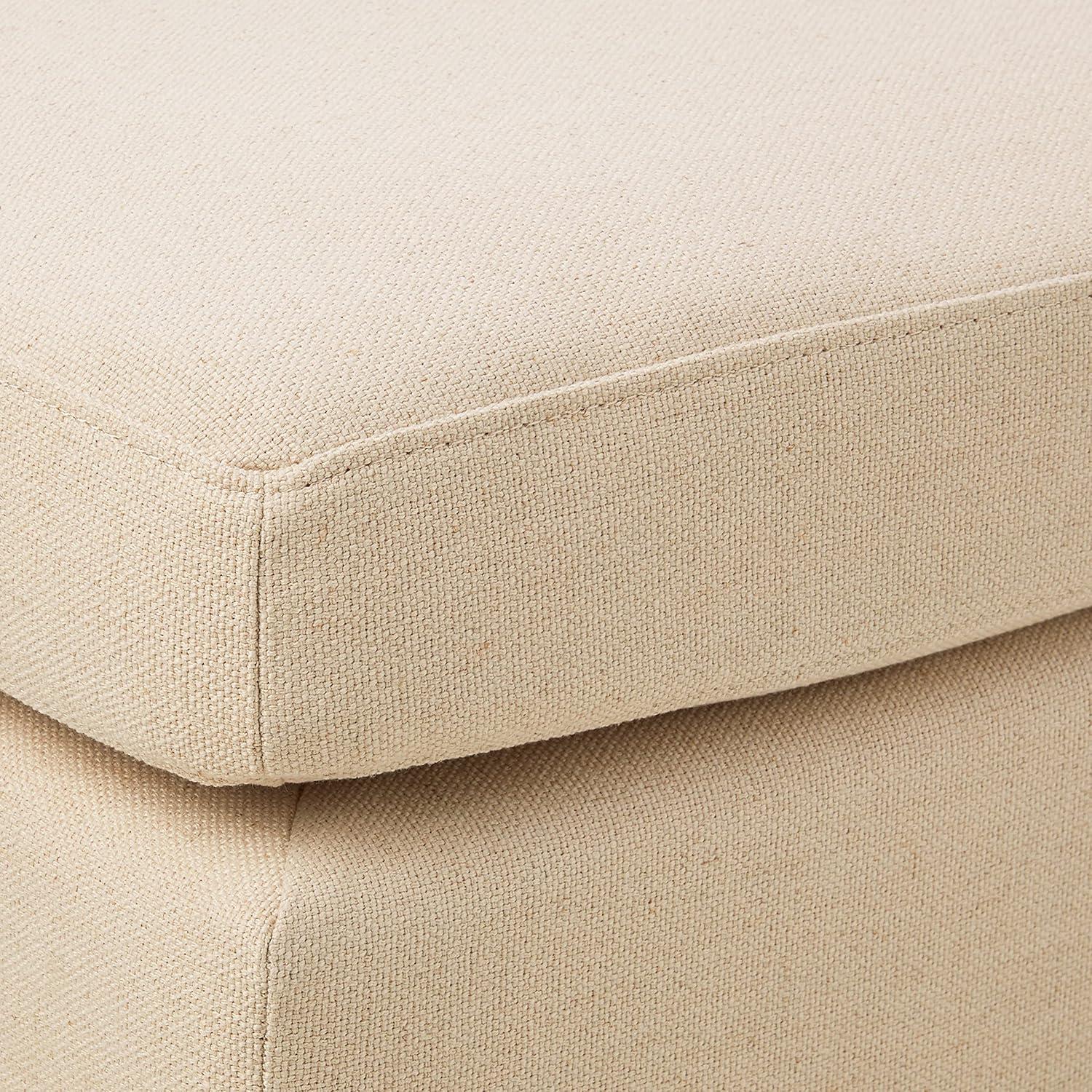 Beige Linen Upholstered Ottoman with Birch Legs