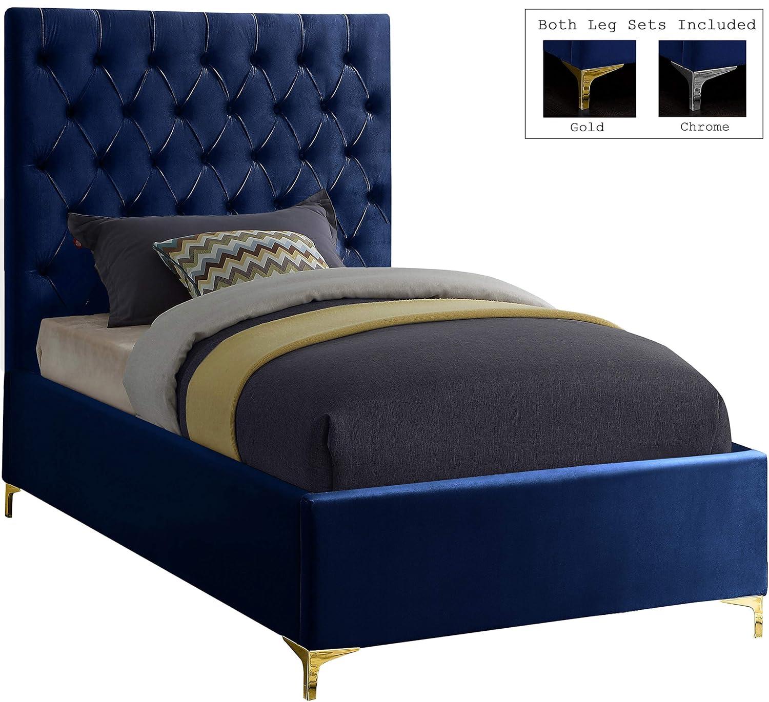 Meridian Furniture Cruz Solid Wood Tufted Velvet Queen Bed in Navy