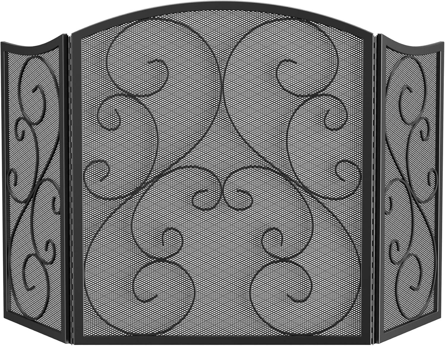 Classic Black Wrought Iron 3-Panel Fireplace Screen