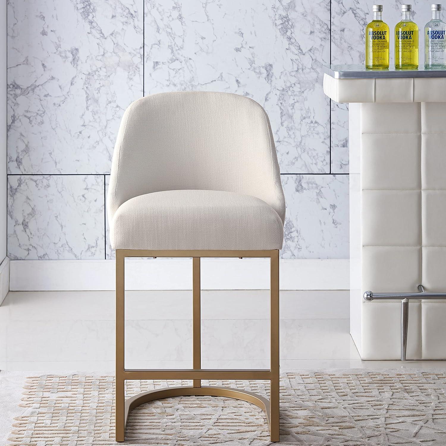 Leick Home 10132GD/WT Barrel back Counter Stool Set of 2 in White Linen Seat and Gold Metal Base