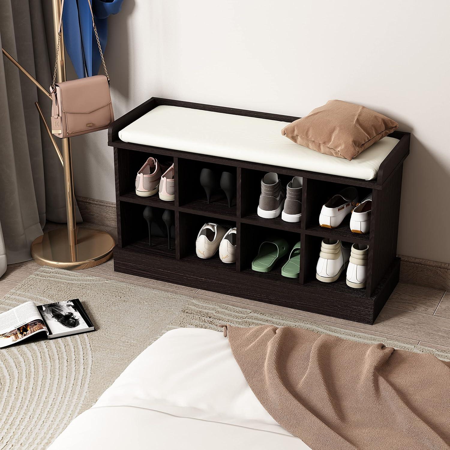 Brown MDF Shoe Storage Bench with Cushion and 8 Compartments