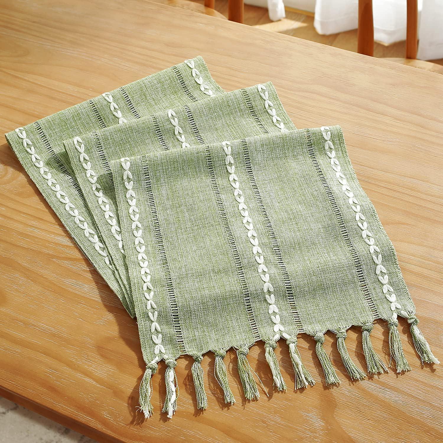 Rustic Sage Green Polyester Table Runner with Tassels, 13 x 90 inch