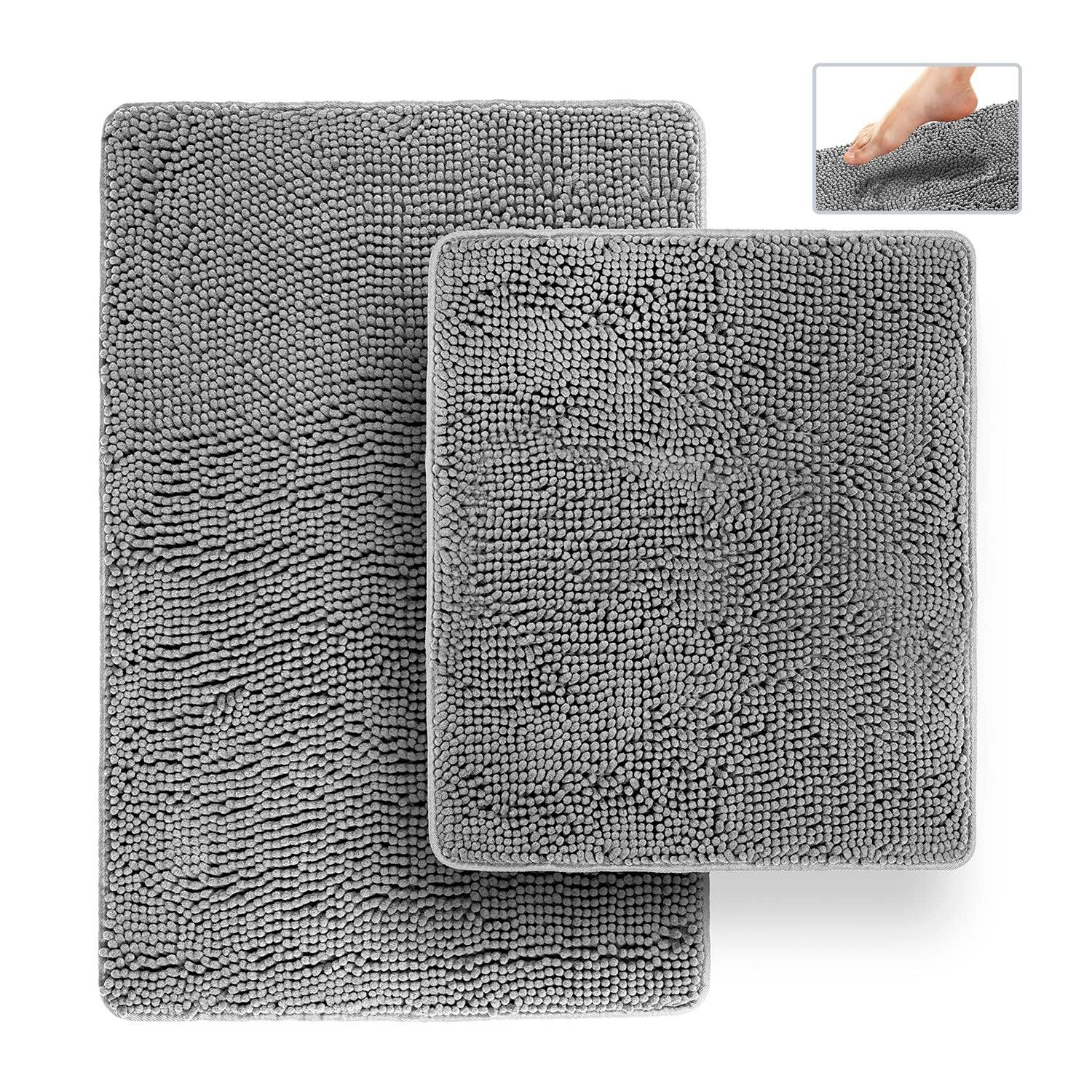 Latitude Run® Bathroom Rugs, Extra-Thick Memory Foam Bath Mat, Ultra-Soft Chenille Microfiber, Highly Absorbent, Machine Washable, Shaggy Bath Mats For Bathroom, Circular Cutout (21X32 + 20X22, 2Pcs) Grey