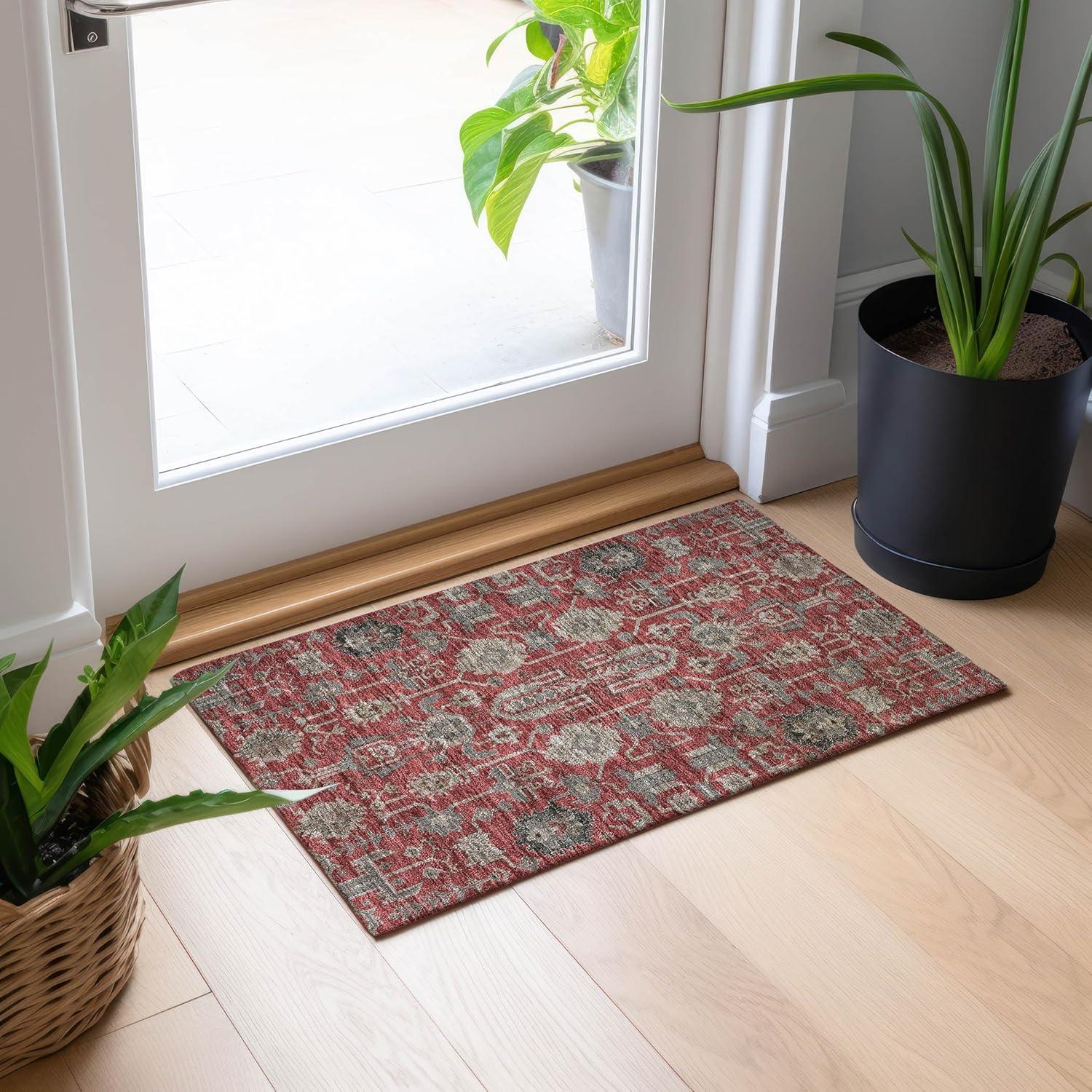 Red and Gray Synthetic Rectangular Washable Area Rug