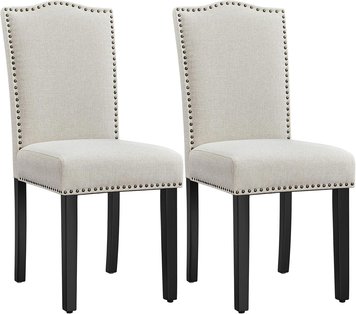 Beige Upholstered Dining Chairs with Nailhead Trim, Set of 2