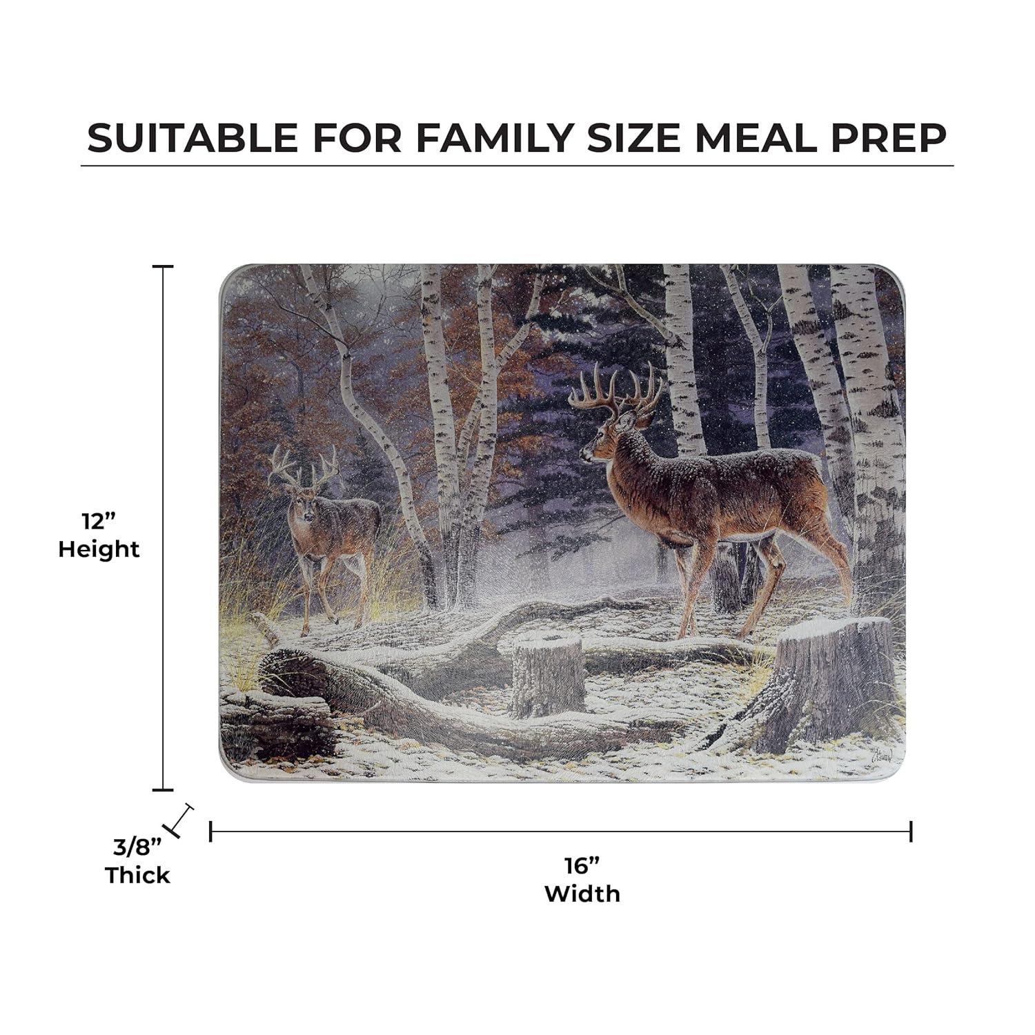 Rivers Edge Products Large 12in x 16in Decorative Tempered Glass Cutting Board, Hypoallergenic, Non Slip, Textured Surface Chopping Board for Kitchen, Deer in the Snow and Woods, Confrontation