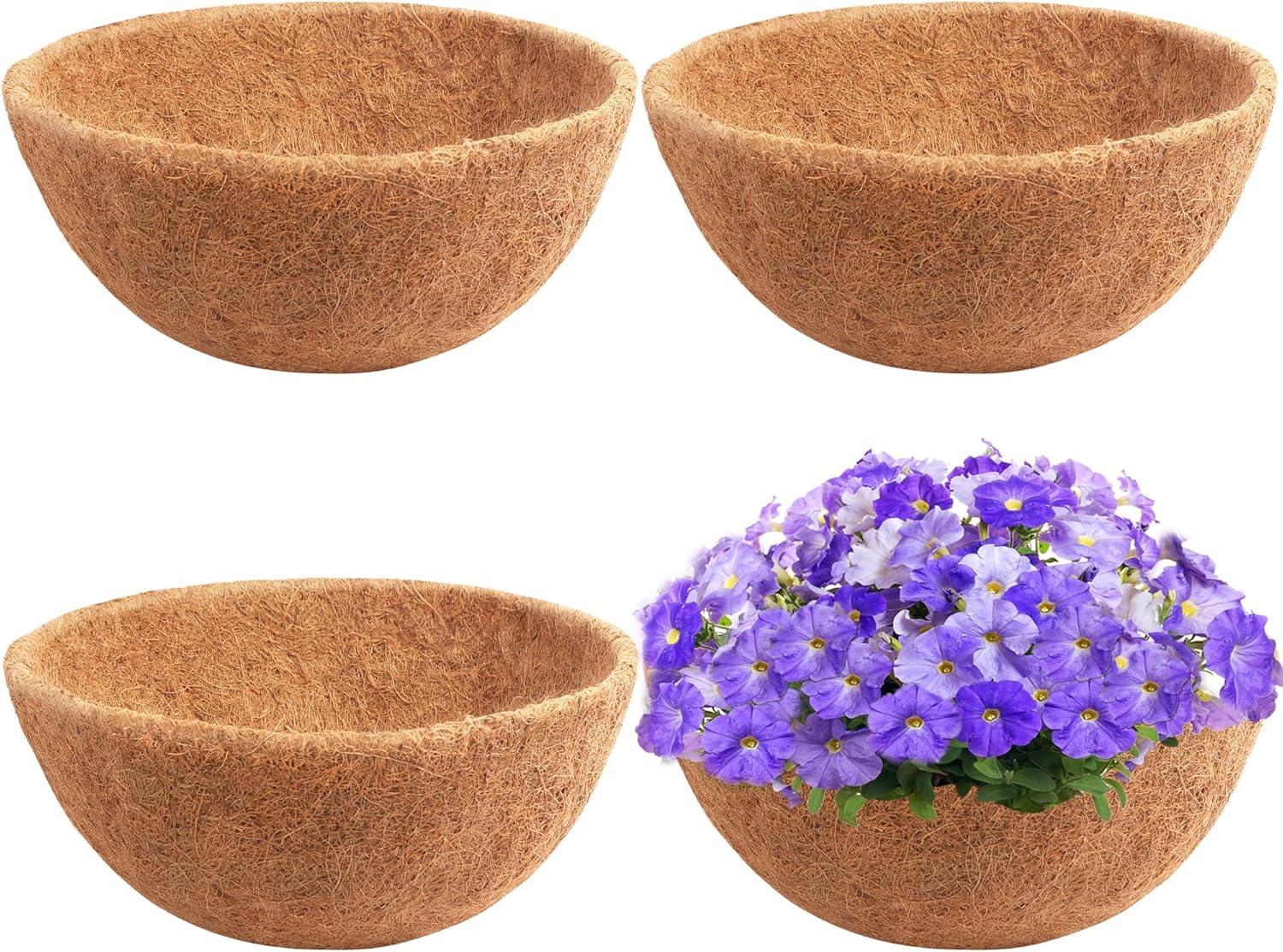 4 PCS Round Flower Pot Coconut Basket,Casewin Hanging Basket Coco Liner Natural Coconut Planter Basket Liner for Hanging Baskets at Indoor Outdoor Garden Porch Balcony (14 Inch)