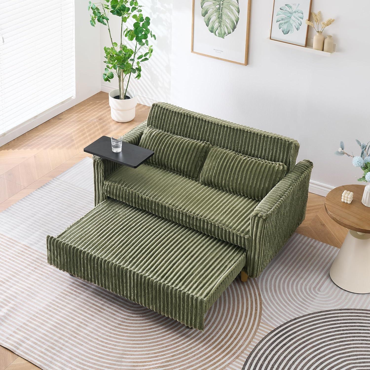 54"W Convertible Sleeper Sofa Bed,3-In-1 Corduroy Pull Out Couch Bed,Futon Loveseat Sleeper Couch with Adjustable Backrest and USB Ports & Side Table,Recliner for Living Room,Office,Small Space,Green