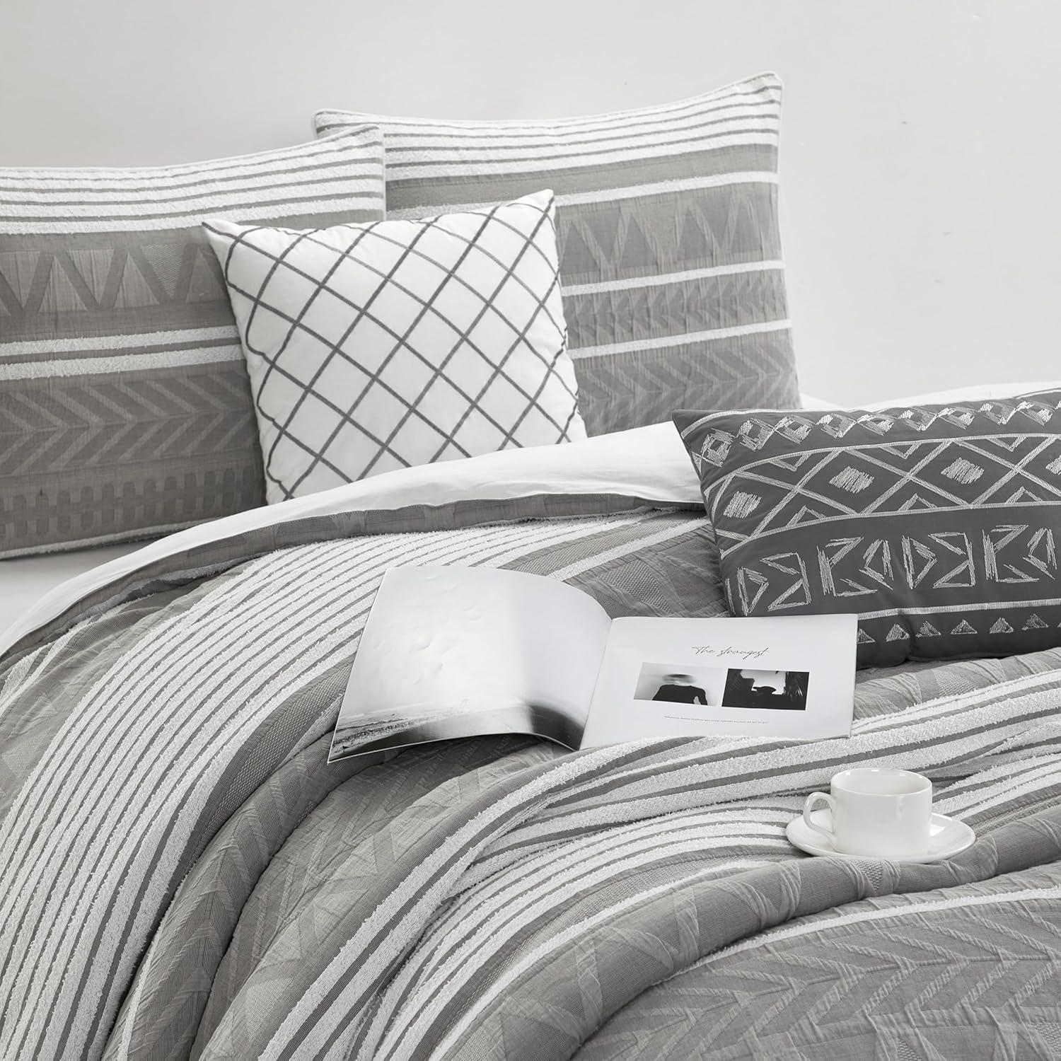 Lanco 100% Cotton King Size Comforter Set, 6 Piece, Color Grey, Geometric Jacquard Bedding Set, Matching Bedskirt, Pillows & Shams