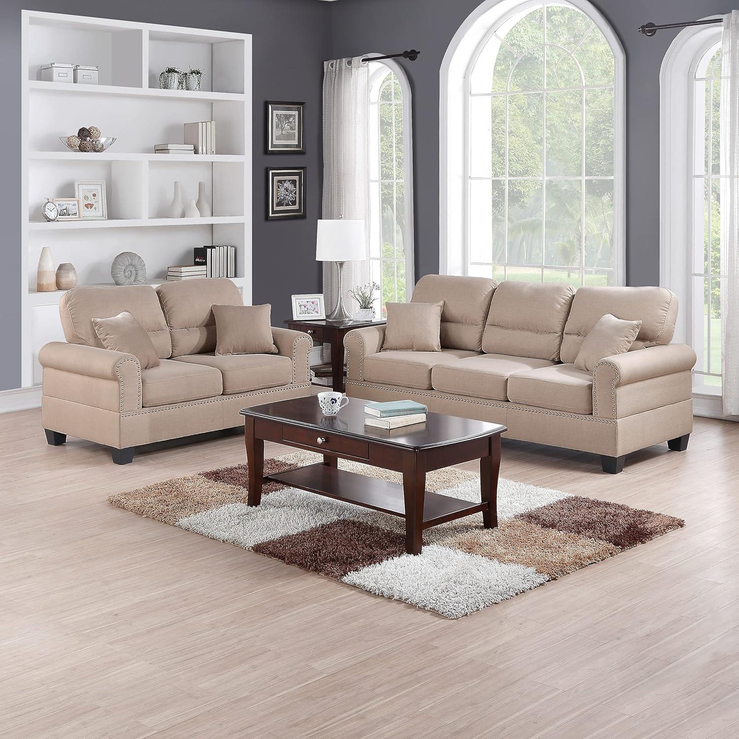 Poundex Furniture 2 Piece Fabric Sofa and Loveseat Set in Sand Tan Color