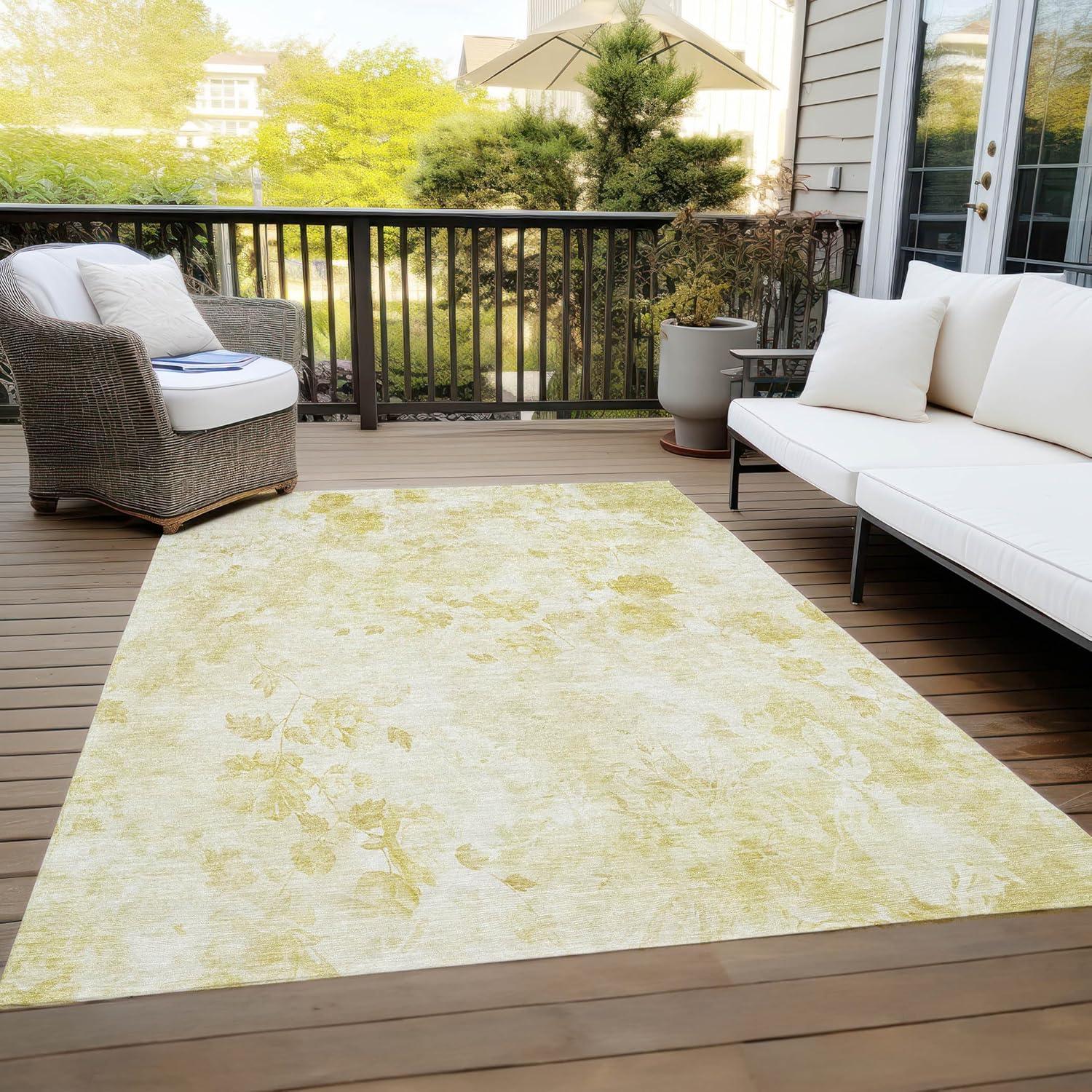 Gold Floral Synthetic Rectangular Washable Area Rug